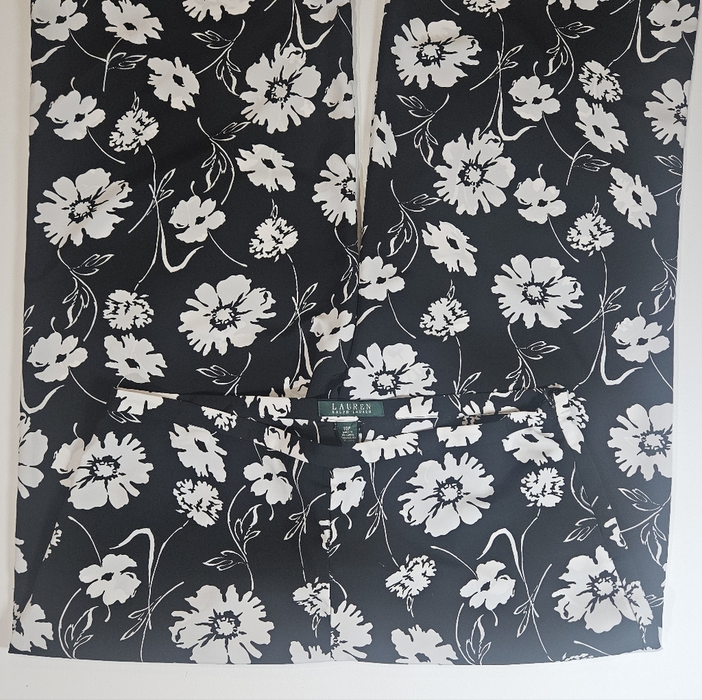Lauren Ralph Lauren Womens Pants‎ Size 10P Black White Floral Wide Leg High Rise - Picture 3 of 7